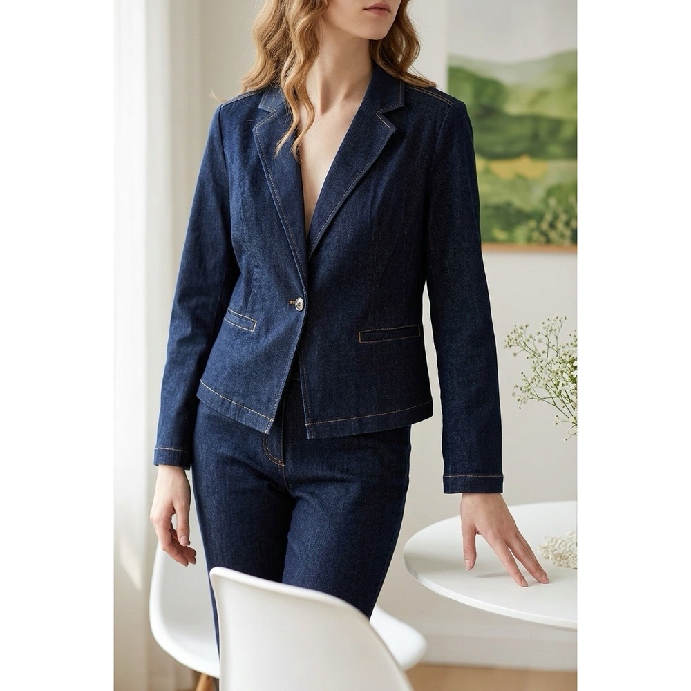Chico's Women's Denim Blazer Peplum Jacket Dark Wash Blue Size 3